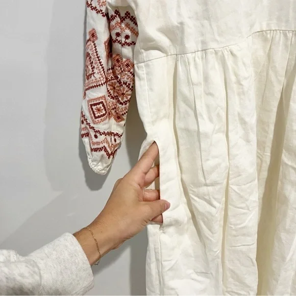 Madewell Linen Embroidered-Sleeve Popover Midi Dress